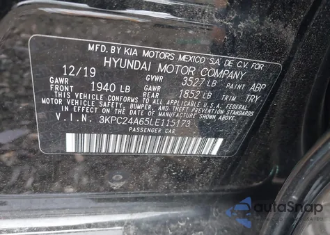 2020 Hyundai Accent Se z USA, uszkodzony, nr VIN 3KPC24A65LE115173